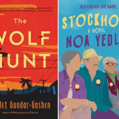 Covers for the books, The Wolf Hunt and Stockholm a Novel, sit side by side on a pale yellow background.